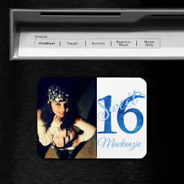 16. Geburtstag | Glitzy Blue Glam Typografie und F Magnet