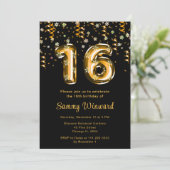 16. Geburtstag Gold Balloons Snowflake Confetti Einladung (Stehend Vorderseite)