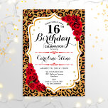 16. Geburtstag - Gold Red Leopard Print Einladung<br><div class="desc">Einladung zum 16. Geburtstag. Elegantes Rot-Weiß-Design mit Imitaten Glitzer Gold. Enthält Leopard Gepard-Tierdruck,  Skript-Schriftart und Rose. Ideal für eine elegante Geburtstagsfeier. Kann in jedes Jahr personalisiert werden! Nachricht,  wenn Sie weitere Anpassungen benötigen.</div>