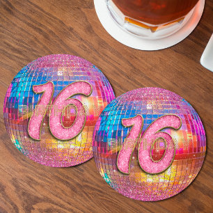 16. Geburtstag Gold Rosa Glitter Tanz Disco Kugel Runder Pappuntersetzer
