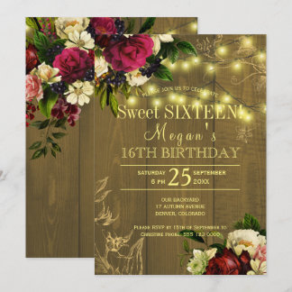 16 . Geburtstag goldene Lichter Holz Blumenfall He Einladung