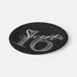 16. Geburtstag | Grau Grunge und Imitats Silver Gl Pappteller