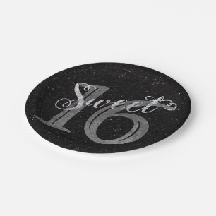 16. Geburtstag   Grau Grunge und Imitats Silver Gl Pappteller