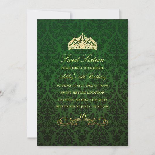 16. Geburtstag | Green Tiara & Damask Einladung (Vorderseite)