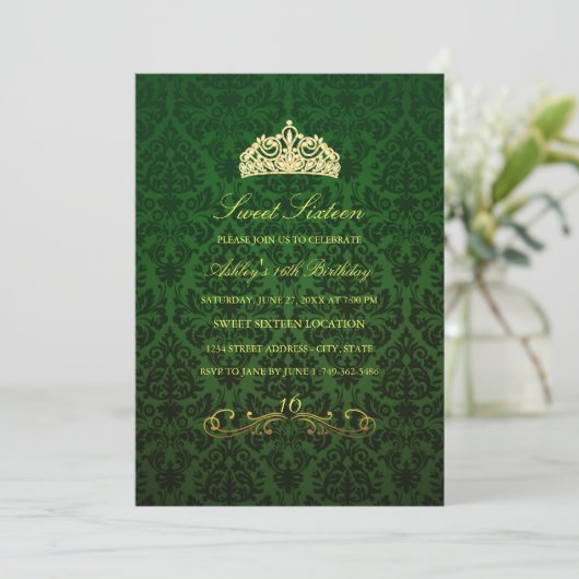 16. Geburtstag | Green Tiara & Damask Einladung (Stehend Vorderseite)