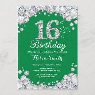16. Geburtstag Grün und Silberdiamant Einladung