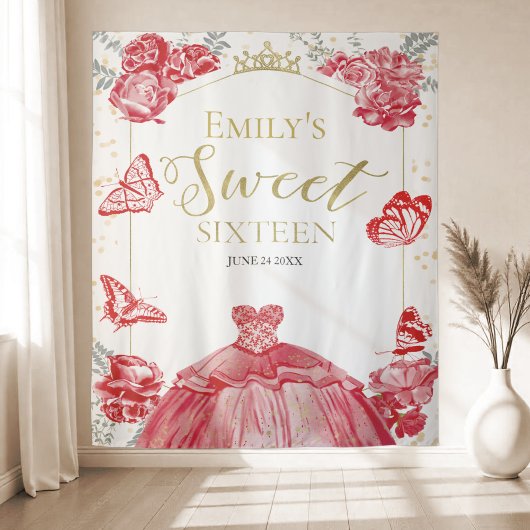 16 . Geburtstag Hintergrund Butterfly Rotes Kleid Wandteppich