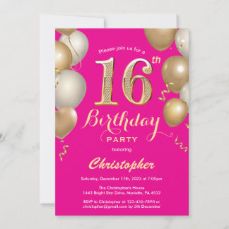 16. Geburtstag Hot Pink und Gold Balloons Confetti Einladung