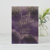 16 . Geburtstag Imitats Glitzer Lila Gold Geburtst Einladung (Stehend Vorderseite)