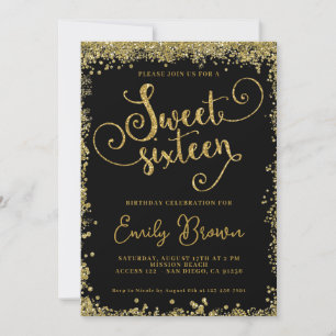 16 . Geburtstag Invite Black and Imitats Gold Glit Einladung