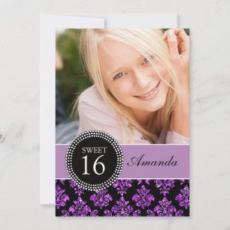 16. GEBURTSTAG, LILA GLITZER, SCHWARZER DAMAST EINLADUNG