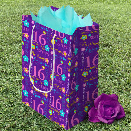 16. Geburtstag lila, rosa gelber Aqua-individuelle Mittlere Geschenktüte