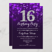 16. Geburtstag - Lila Silber Einladung (Vorne/Hinten)