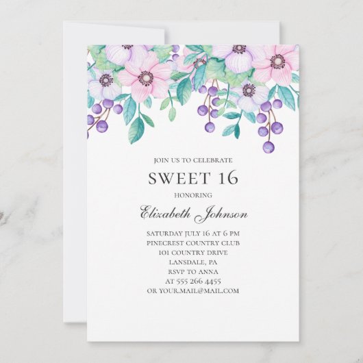 16. Geburtstag. Lila und rosa Blume. 16. Einladung (Vorderseite)