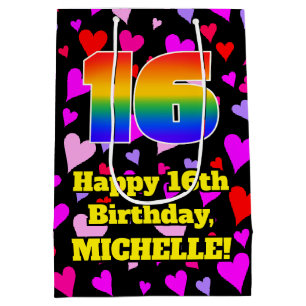 16. Geburtstag: Loving Hearts Pattern, Regenbogen Mittlere Geschenktüte