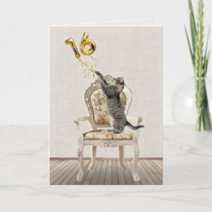 16. Geburtstag Luftballons und Tabby-Katze Karte