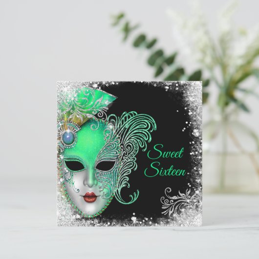 16 . Geburtstag, Maskenball, Einladung Glitzer (Stehend Vorderseite)