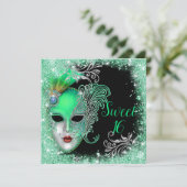 16 . Geburtstag, Masquerade Ball Türkis Glitzer Einladung (Stehend Vorderseite)