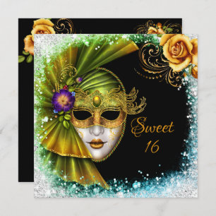 16 . Geburtstag Masquerade Mardi Gras Gold Green Einladung