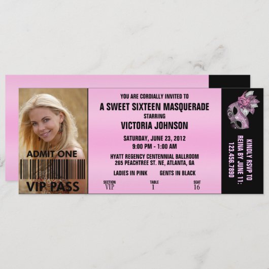 16 . Geburtstag Masquerade VIP Eintrittskarte Einladung (Vorne/Hinten)