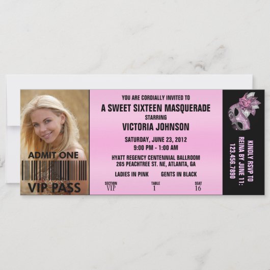 16 . Geburtstag Masquerade VIP Eintrittskarte Einladung (Vorderseite)