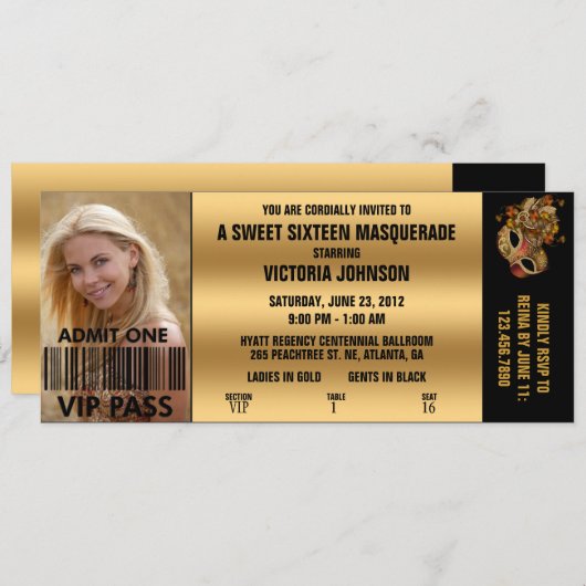 16 . Geburtstag Masquerade VIP Eintrittskarte Einladung (Vorne/Hinten)