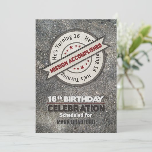 16. Geburtstag, Mission erfüllt, Einladung (Stehend Vorderseite)