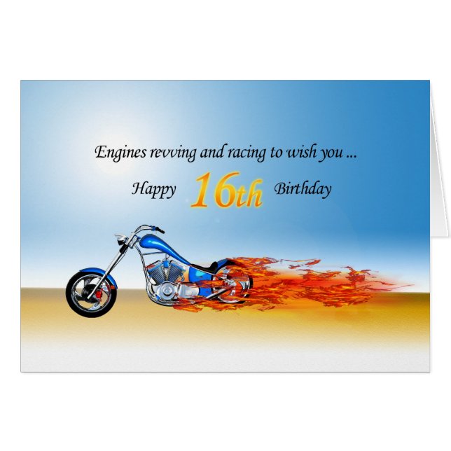 16. Geburtstag mit einem flammenden Motorrad (Vorderseite (Horizontal))