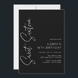 16 . Geburtstag | Moderner Minimal Schwarz 16. Geb Einladung<br><div class="desc">Schlichte und moderne,  süße 16 Einladungen mit einem handgeschriebenen Script-Schriftart. Typbasiertes Design mit weißem Text auf schwarzem Hintergrund.</div>