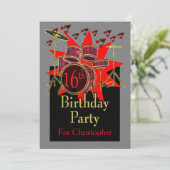 16. Geburtstag musikalische Schlagzeug individuell Einladung (Stehend Vorderseite)