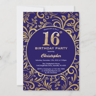 16. Geburtstag Navy Blau und Gold Floral Muster Einladung