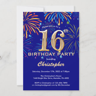 16. Geburtstag Navy Blue and Gold Rainbow Firework Einladung