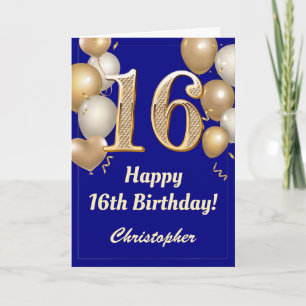 16. Geburtstag Navy Blue und Gold Balloons Confett Karte