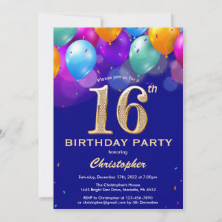 16. Geburtstag Navy Blue und Gold farbige Ballons Einladung