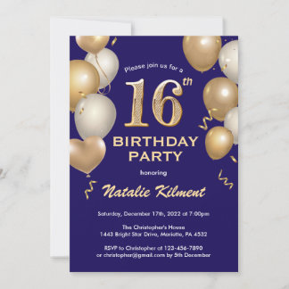 16. Geburtstag Navy Blue und Gold Glitzer Balloons Einladung