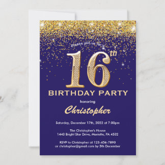 16. Geburtstag Navy Blue und Gold Glitzer Confetti Einladung