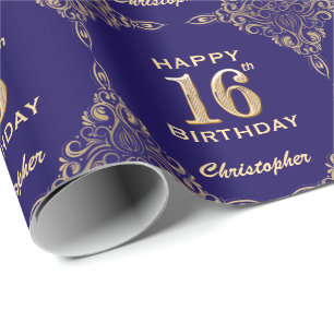 16. Geburtstag Navy Blue und Gold Glitzer Frame Geschenkpapier