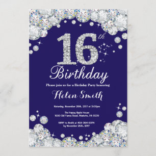 16. Geburtstag Navy Blue und Silver Diamond Einladung