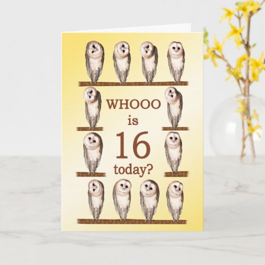 16. Geburtstag, Neugierige Eulen Karte (Gelbe Blume)
