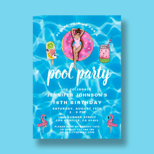 16. Geburtstag Niedlich Pink Summer Pool Party Einladung