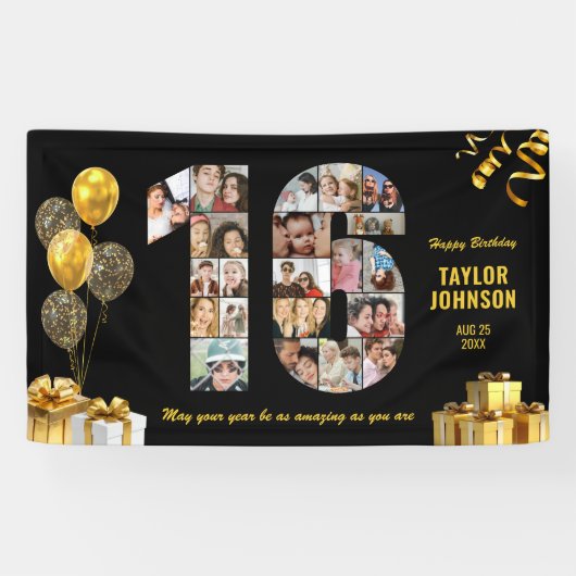 16. Geburtstag Nummer 16 Fotocollage Schwarz Gold Banner (Horizontal)