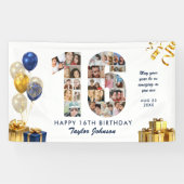 16. Geburtstag Nummer 16 Fotocollage Weiß Gold Banner (Horizontal)