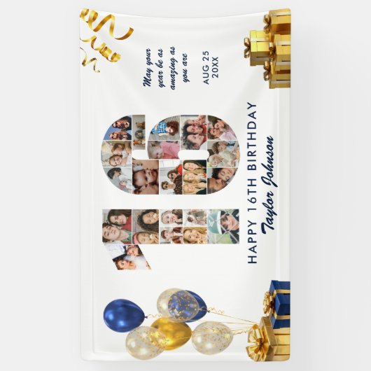 16. Geburtstag Nummer 16 Fotocollage Weiß Gold Banner (Vertikal)