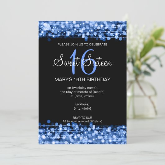 16. Geburtstag-Party-Glitzern blau Einladung (Stehend Vorderseite)