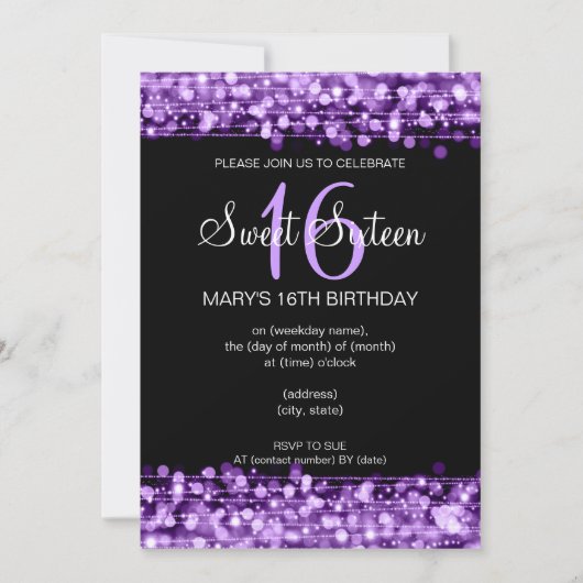 16. Geburtstag-Party-Glitzern lila Einladung (Vorderseite)