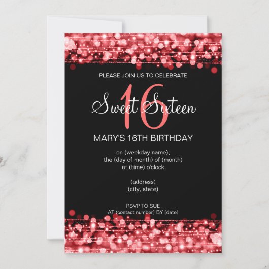 16. Geburtstag-Party-Glitzern rot Einladung (Vorderseite)
