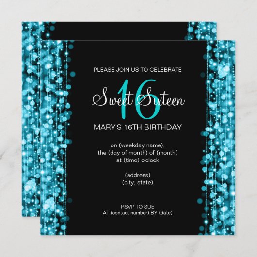 16 . Geburtstag Party Glitzern Türkis Einladung (Vorne/Hinten)
