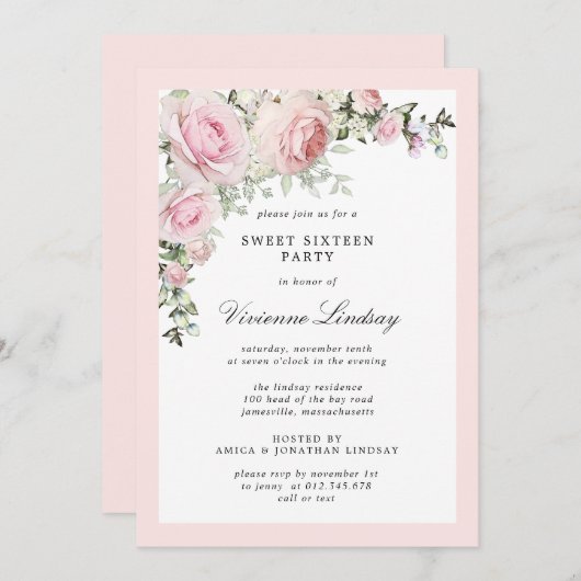 16 . Geburtstag-Party in Rosa Einladung (Vorne/Hinten)