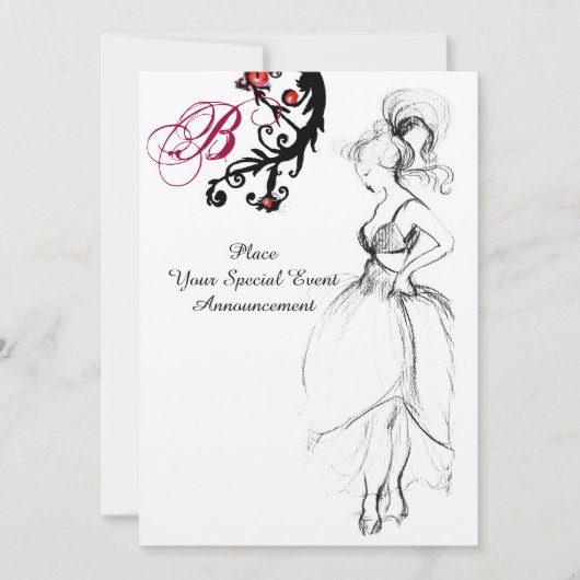 16 GEBURTSTAG PARTY MONOGRAM Red Black Wirbel Einladung (Vorderseite)