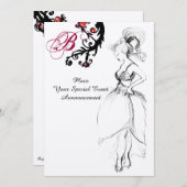 16 GEBURTSTAG PARTY MONOGRAM Red Black Wirbel Einladung (Vorne/Hinten)